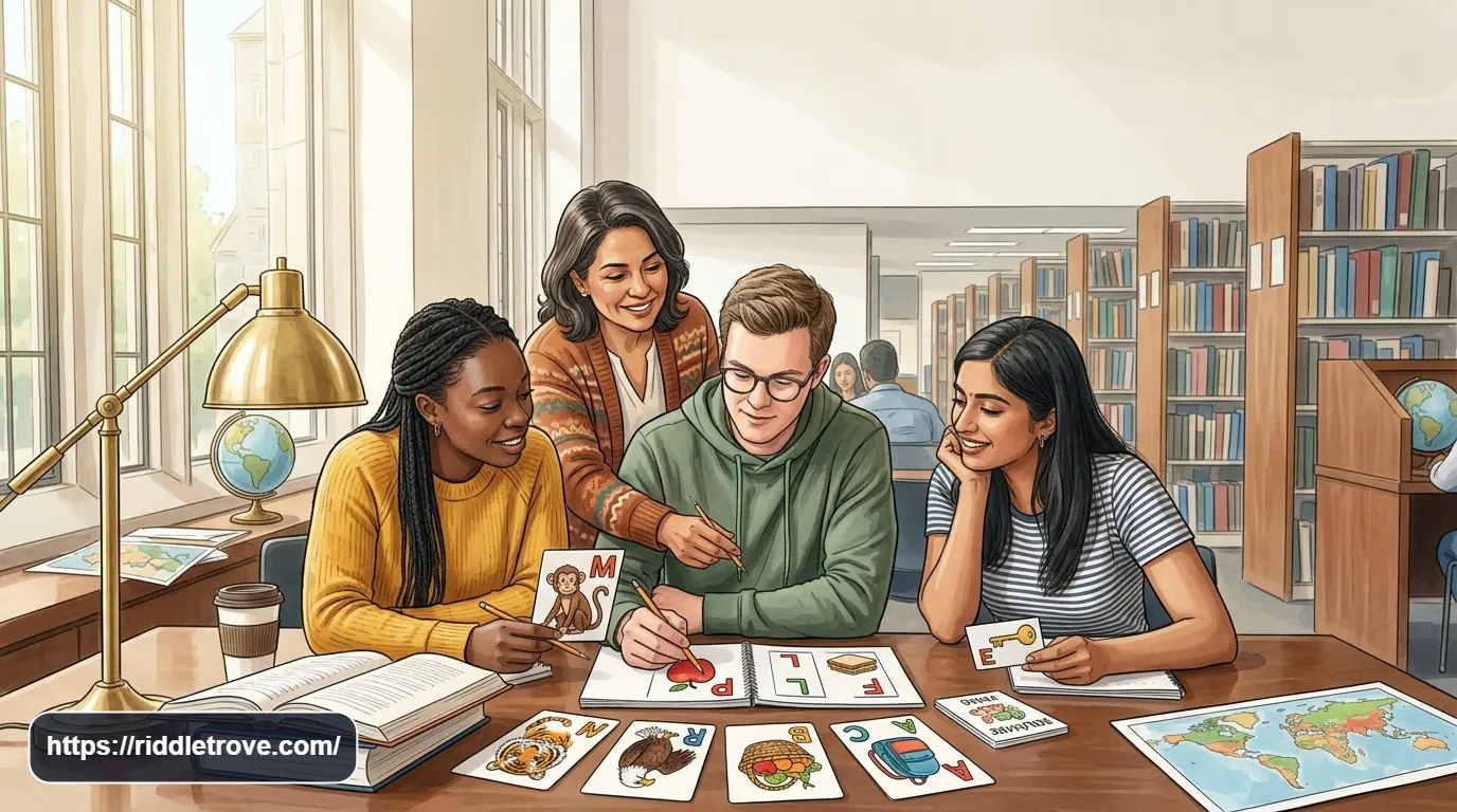 English learners solving riddles together with illustrated vocabulary cards in a bright classroom