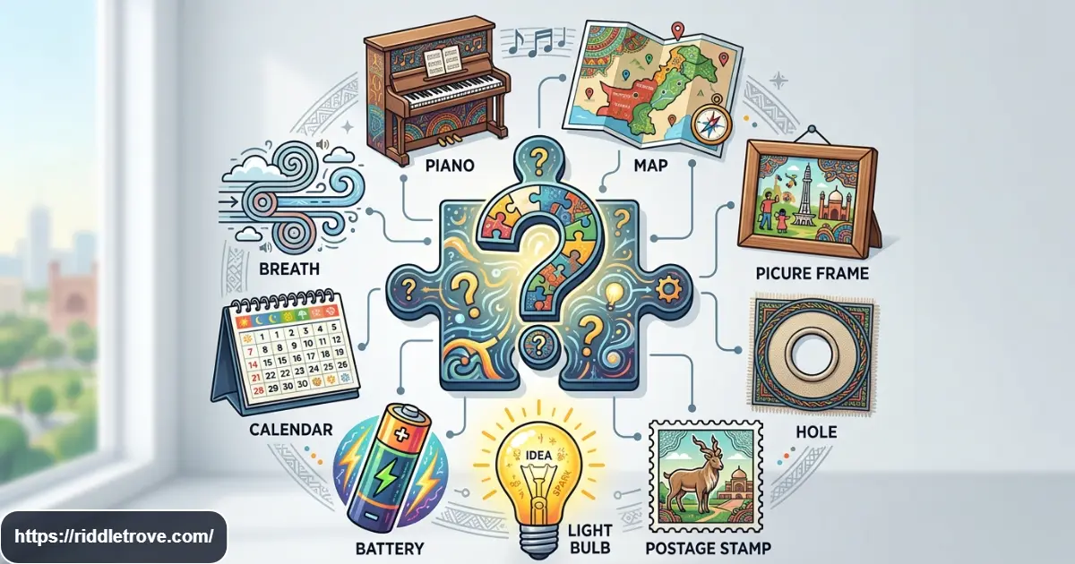 Objects and clues representing easy brain teaser riddles