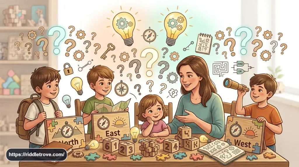 A bright, playful editorial illustration of children and families solving simple brain teasers together, colorful puzzle pieces, lightbulbs, question marks, notebooks, and small logic symbols, cheerful modern style, clean composition, white and soft pastel background, engaging educational atmosphere, no text, no watermark