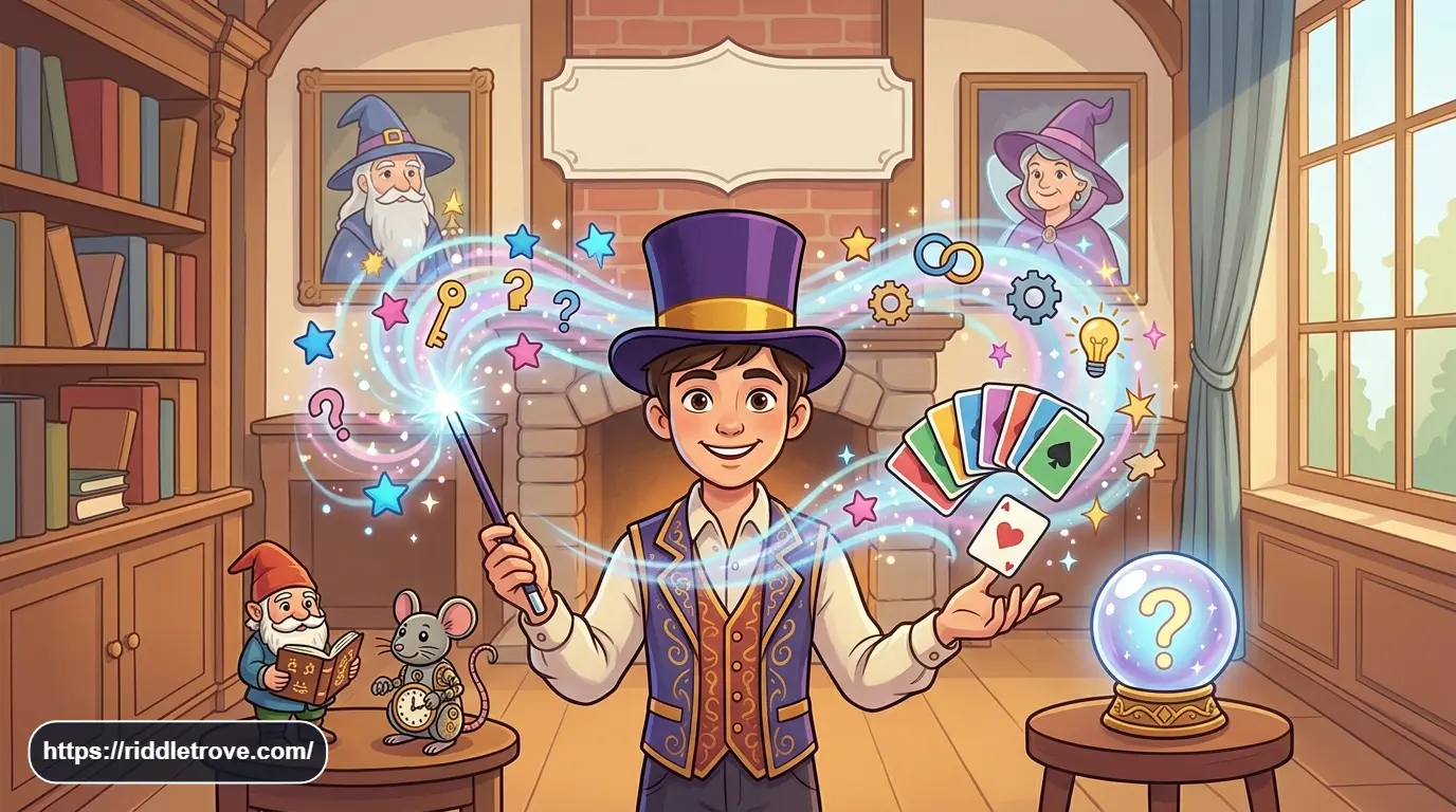 Easy magic riddles with a friendly magician, wand, hat, and playing cards
