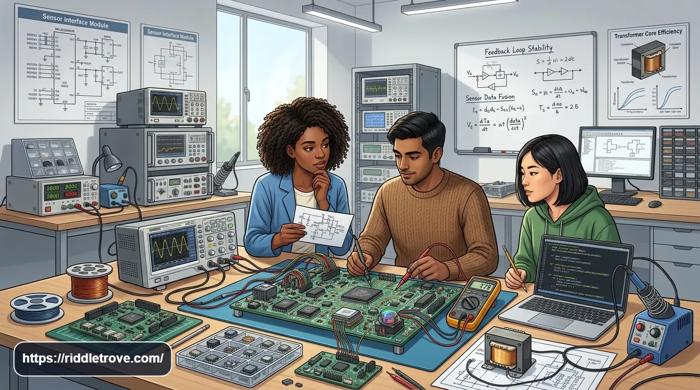 Electrical engineering riddles featuring circuits, wires, sensors, and electronic components