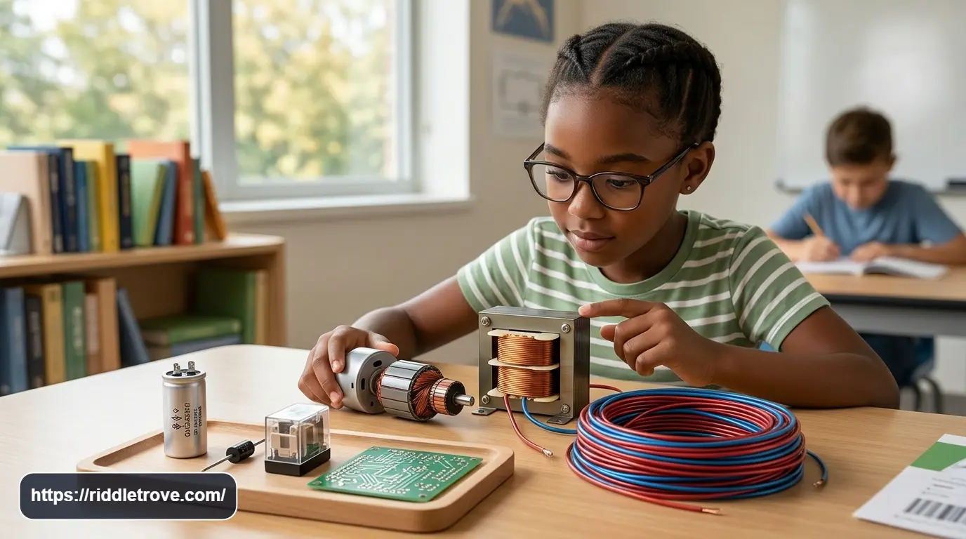 Electrical wires, transformer, motor, diode, capacitor, and circuit parts on table