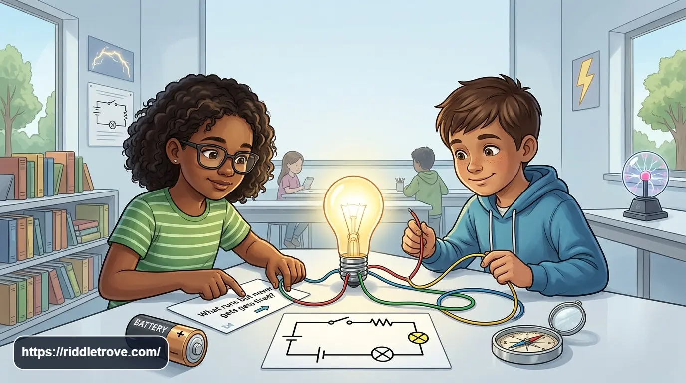 Kids solving electricity riddles with light bulbs, wires, batteries, and sparks