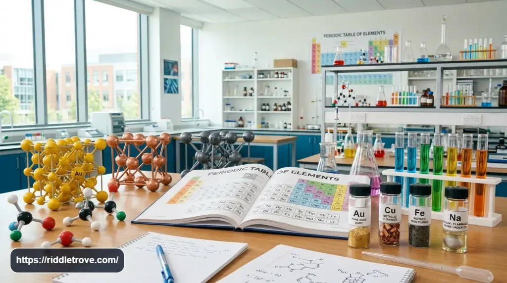 Periodic elements and molecular models arranged for a chemistry riddle challenge