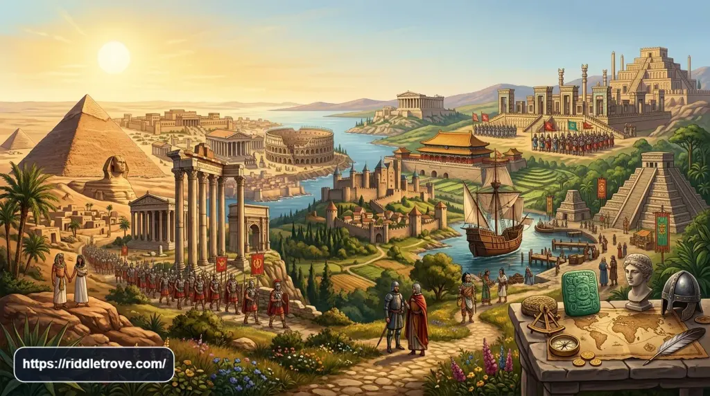 Empires, kingdoms, and dynasties from world history with ancient rulers, armies, maps, and historic architecture