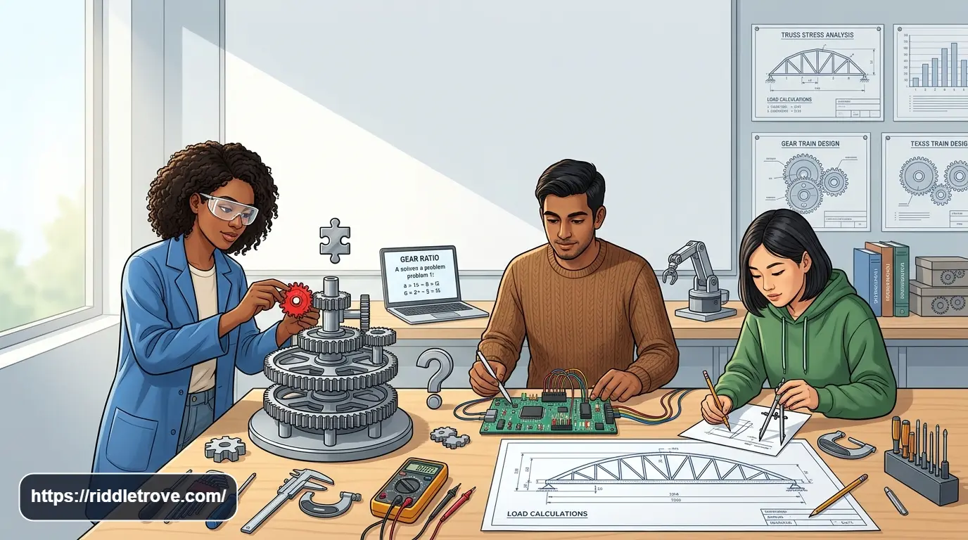 Engineering riddles with gears, circuits, blueprints, and technical puzzle elements