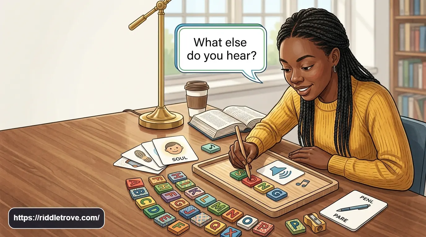 Letter tiles and illustrated word clues used for English vocabulary and wordplay practice