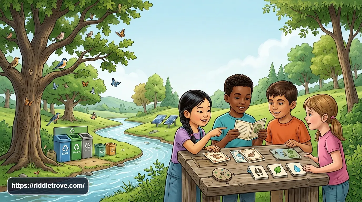 Kids solving environmental riddles surrounded by trees, animals, recycling symbols, and nature