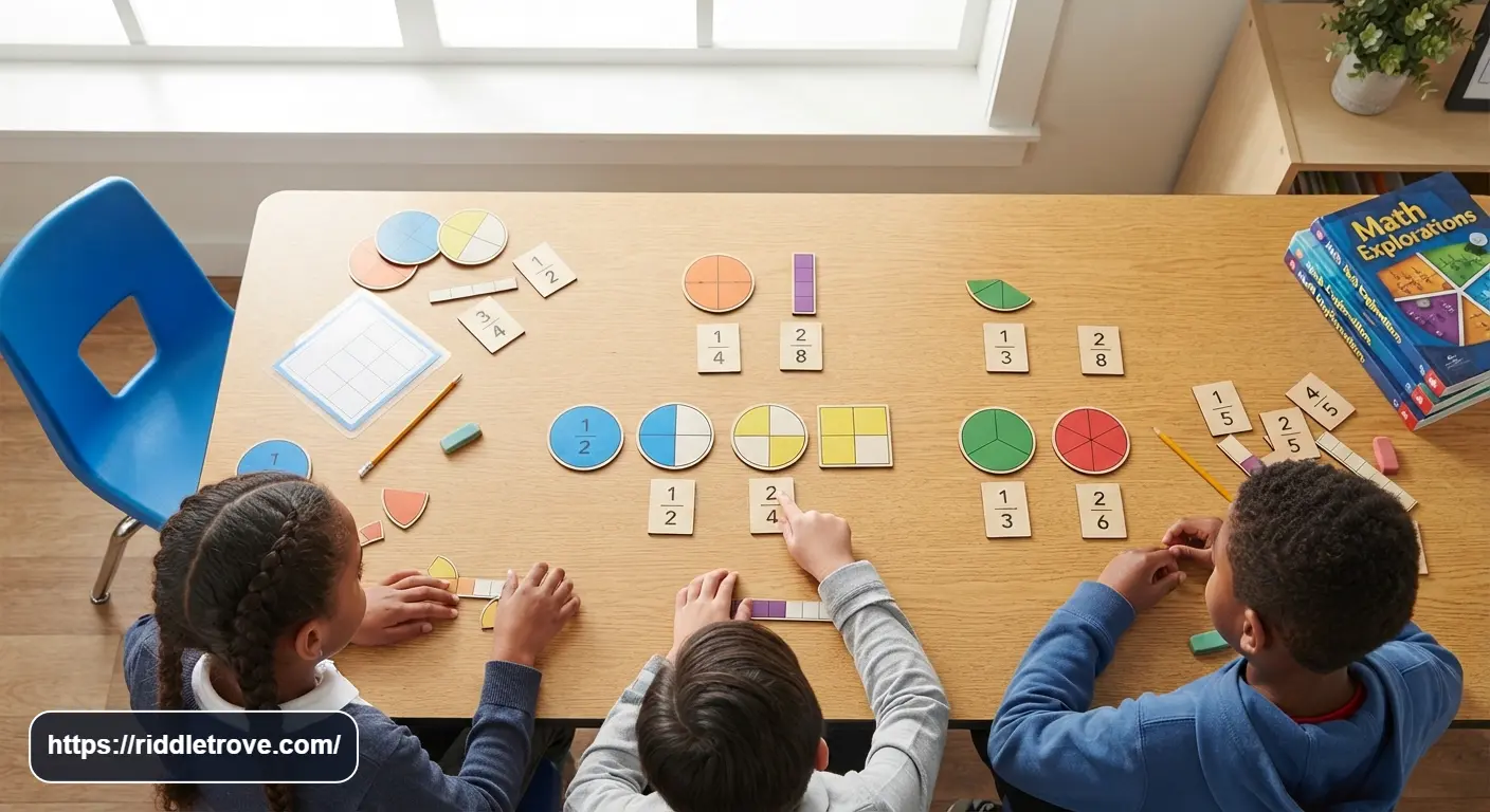 Students matching equivalent fractions using colorful fraction circles and number cards

