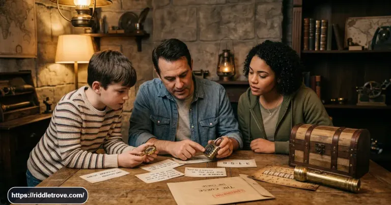 Players solving escape room riddles beside locks, clues, and a treasure chest