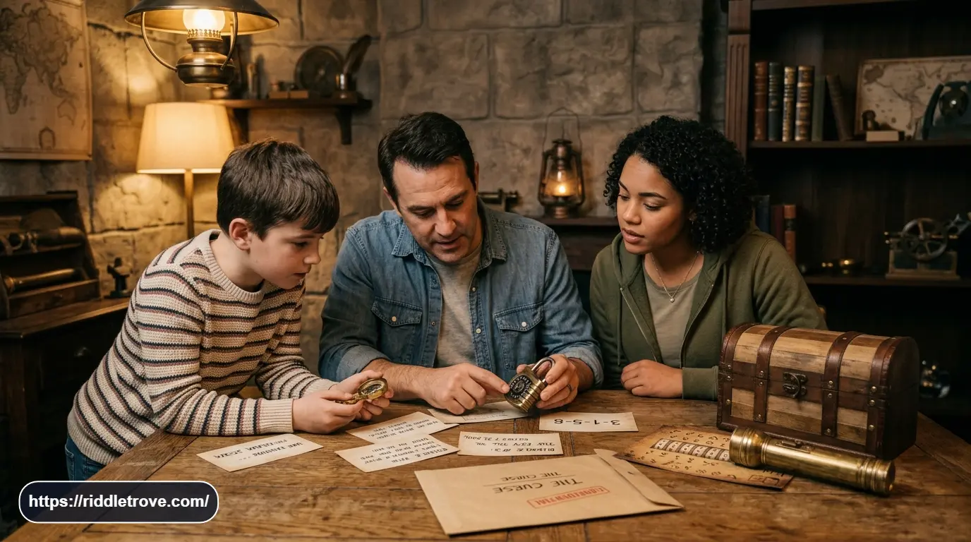 Players solving escape room riddles beside locks, clues, and a treasure chest
