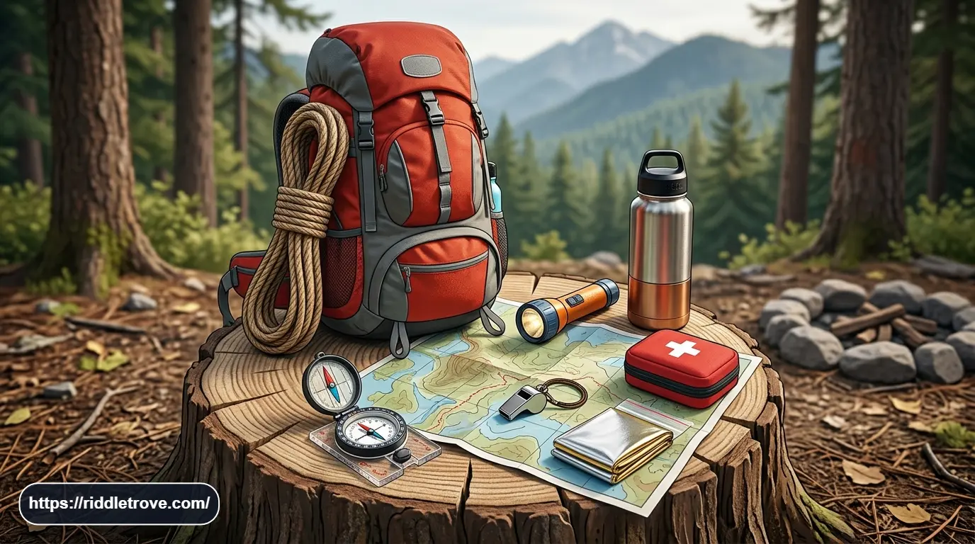 Essential survival gear including backpack, compass, flashlight, rope, and first-aid kit