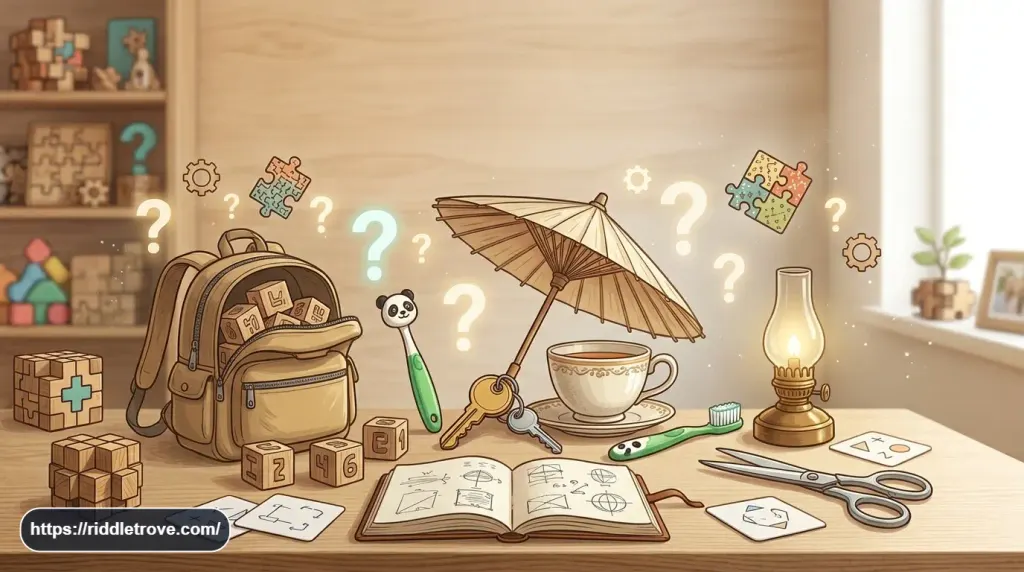 Everyday household objects featured in a fun riddle puzzle illustration