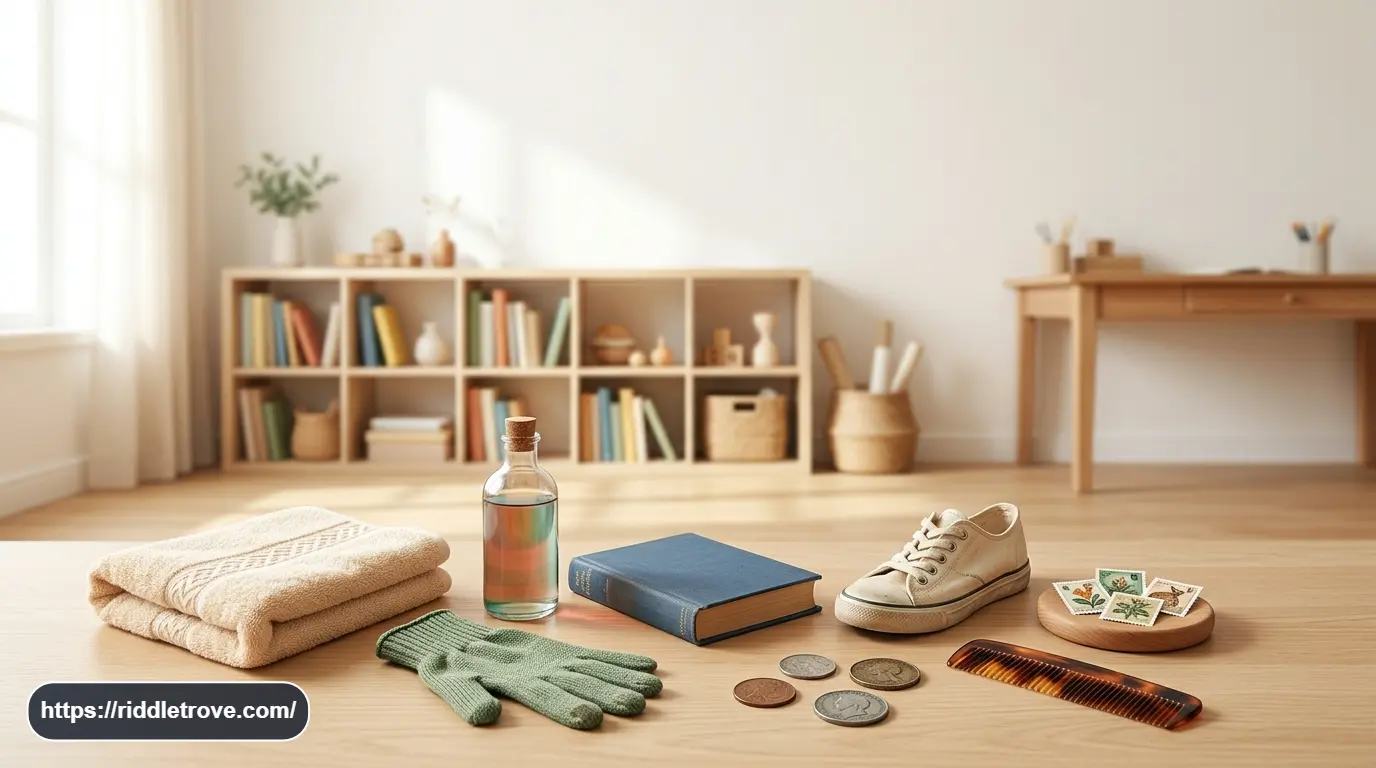 Everyday household objects arranged as clues for easy object riddles