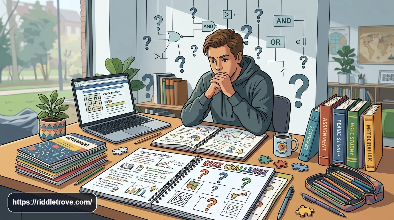Exam and assignment riddles with college books, test papers, notes, and study supplies on a desk.