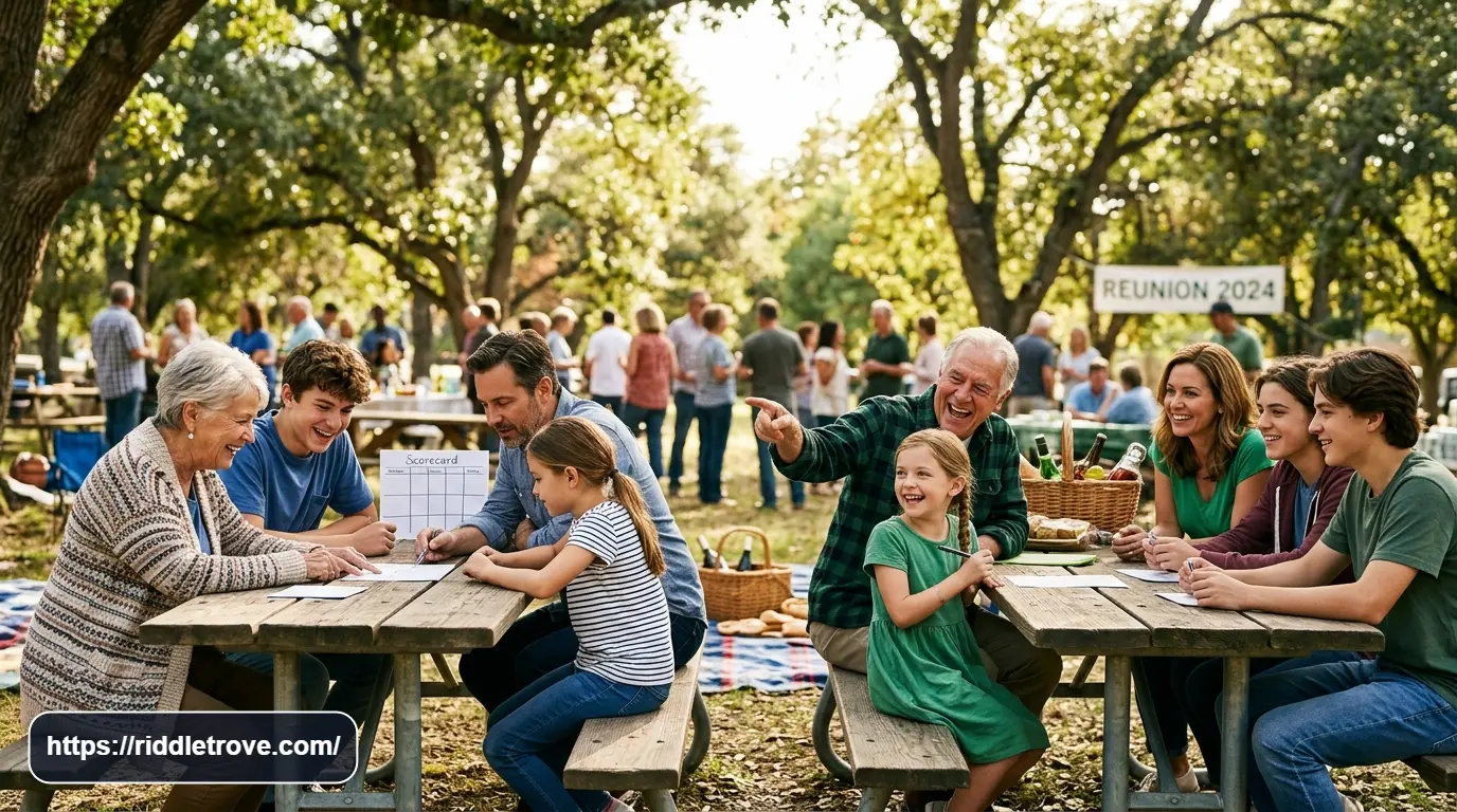 Family teams competing to solve a challenging riddle during a lively reunion game.