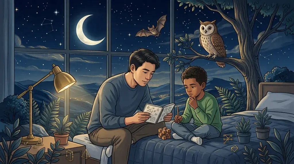 Parent and child sharing a quiet puzzle game beside a softly lit bed.