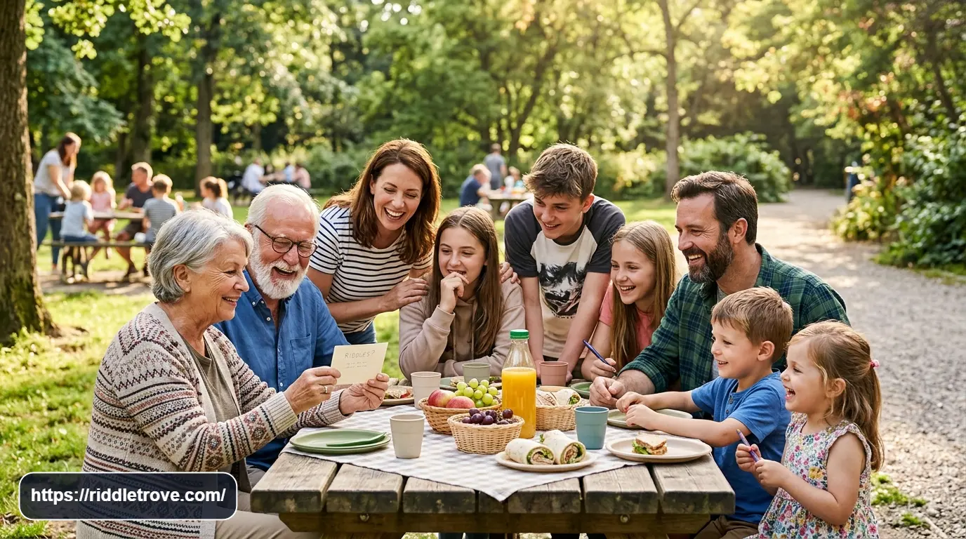 Relatives of different ages laughing together while playing riddles at an outdoor family reunion.