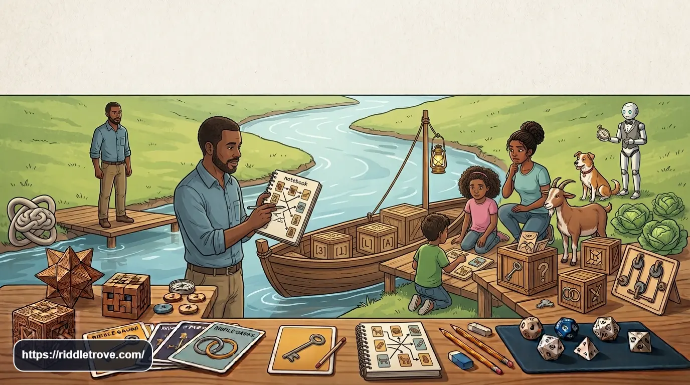 Family solving a river crossing logic puzzle with a small boat