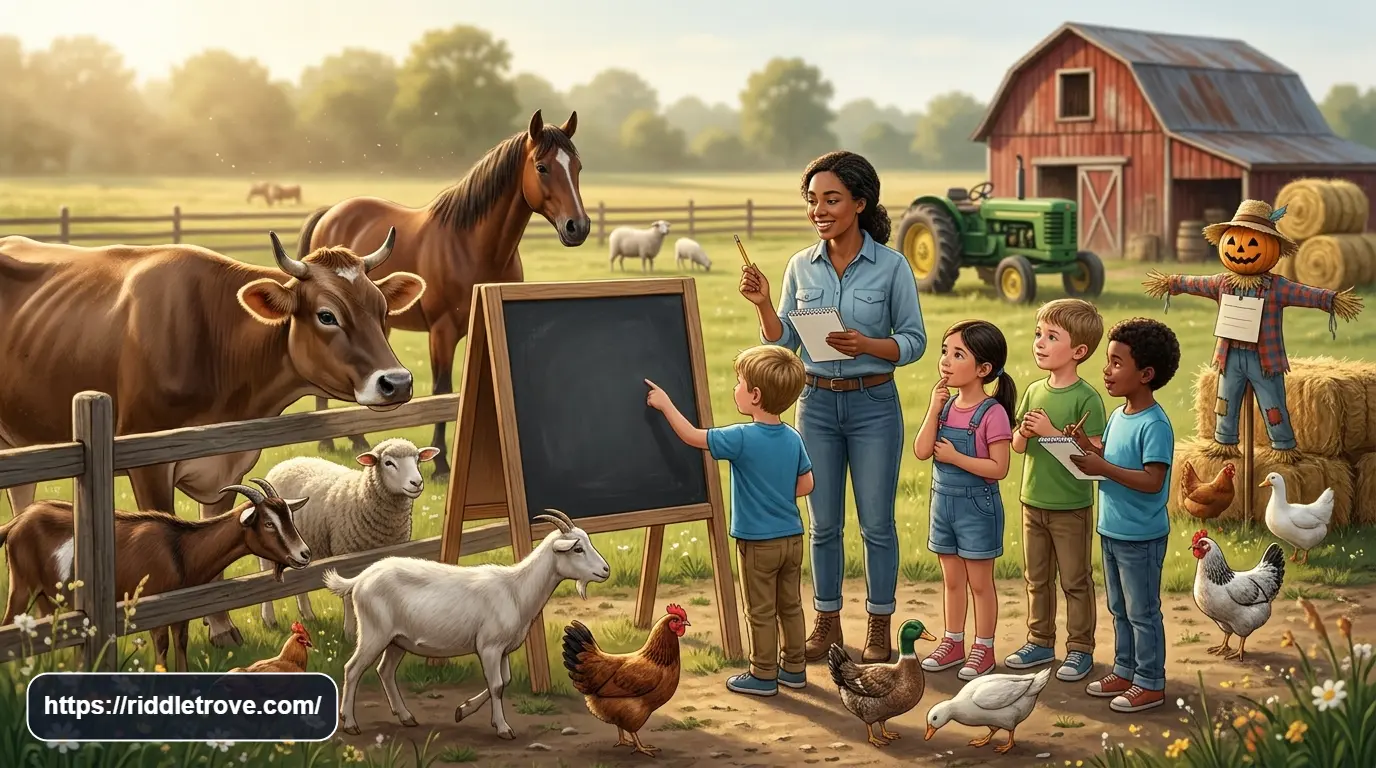 Children solving agriculture riddles beside cows sheep chickens and goats

