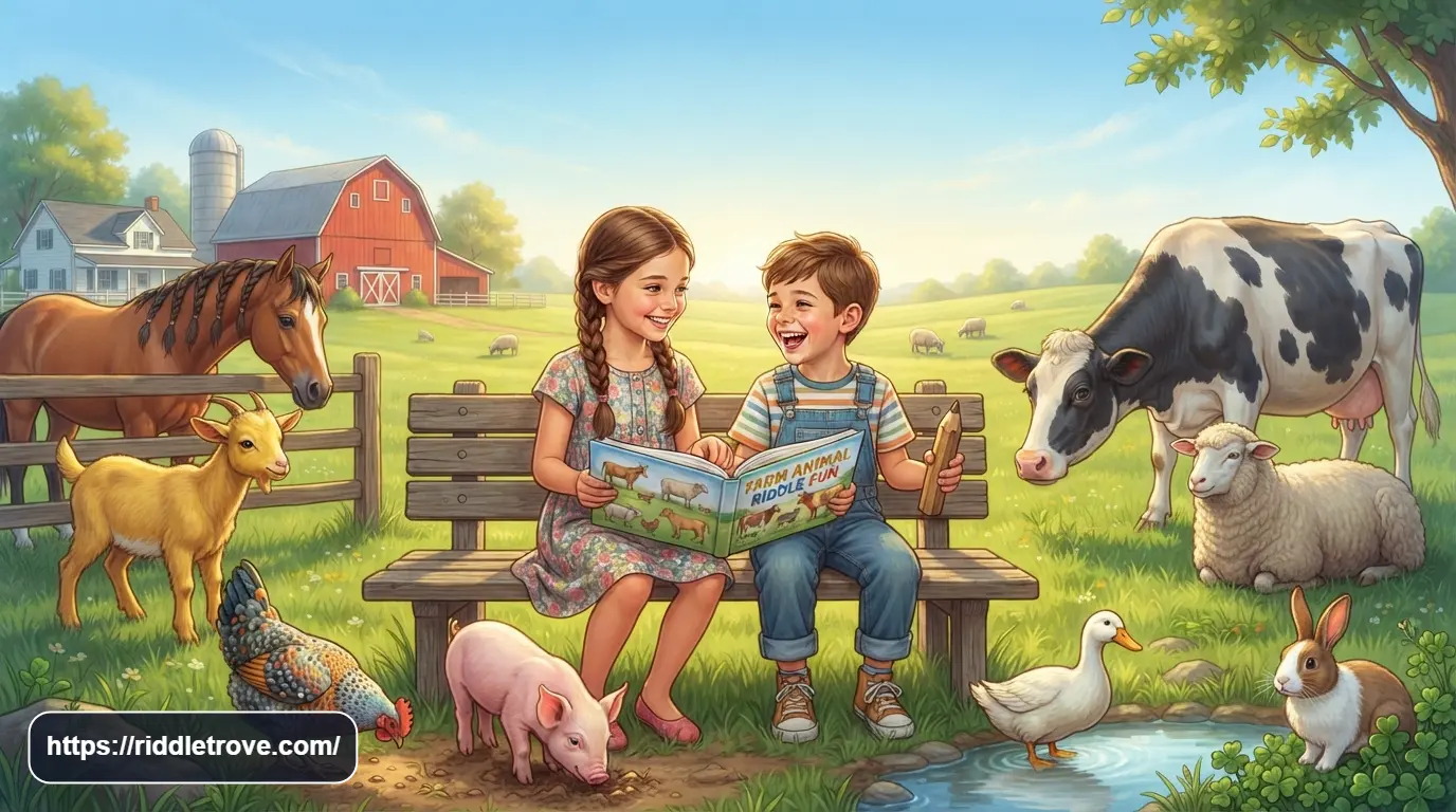 Kids solving farm animal riddles beside friendly animals on a sunny farm