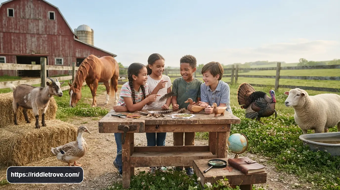 Children enjoying wordplay riddles with farm animals in the background