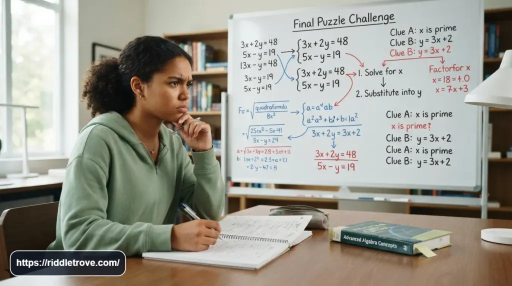 Student solving a final challenging algebra riddle with multiple clues
