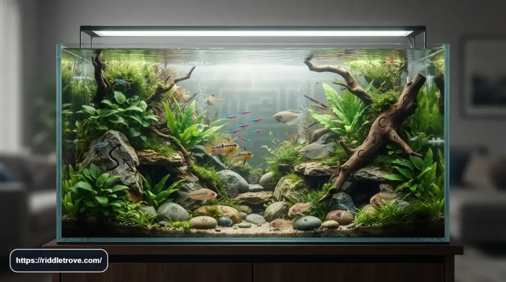 Colorful aquarium filled with fish plants bubbles and challenging underwater clues

