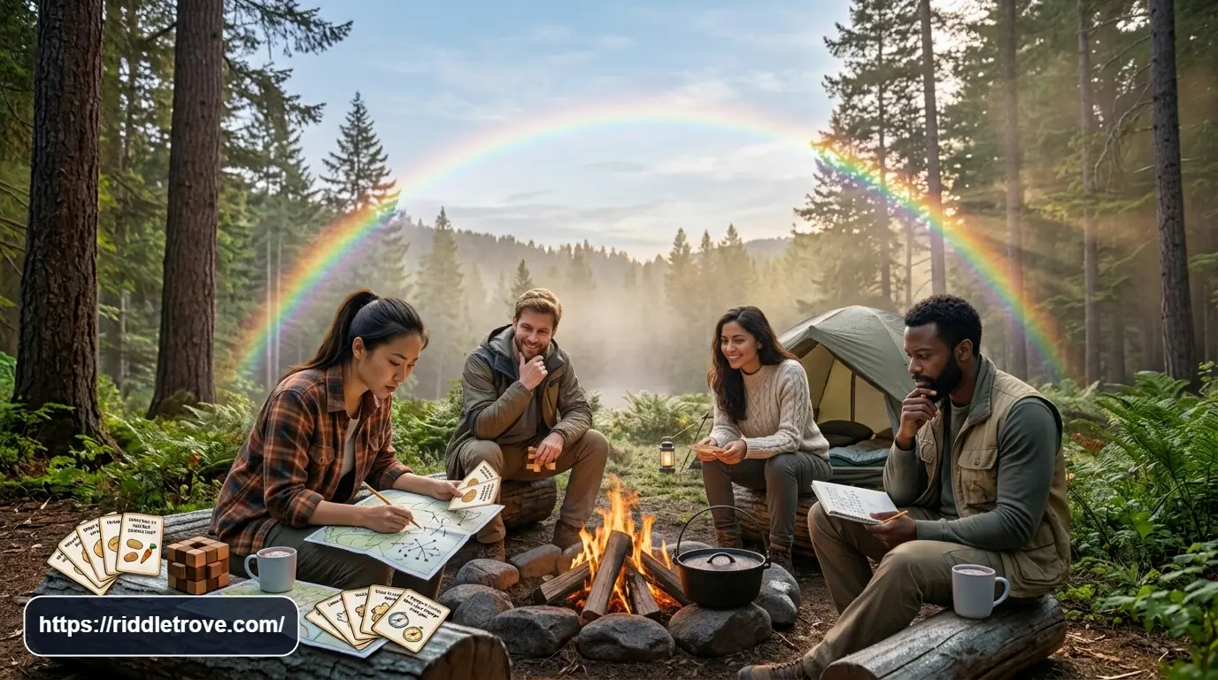Friends tackling a difficult camping puzzle together at a mountain campsite.