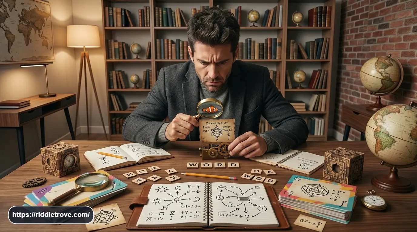 Adult solving a difficult final cryptic riddle puzzle