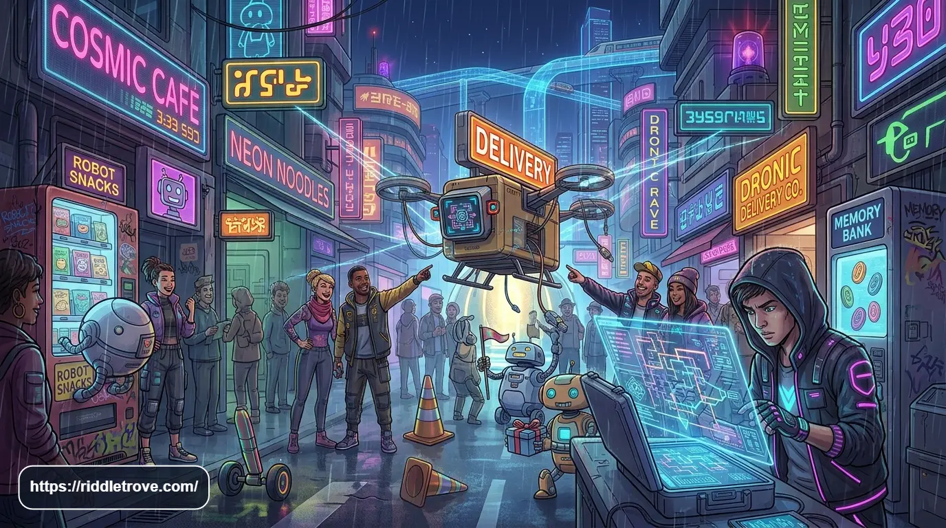 Final cyberpunk city challenge with neon skyscrapers, holographic pathways, and a mysterious glowing city core