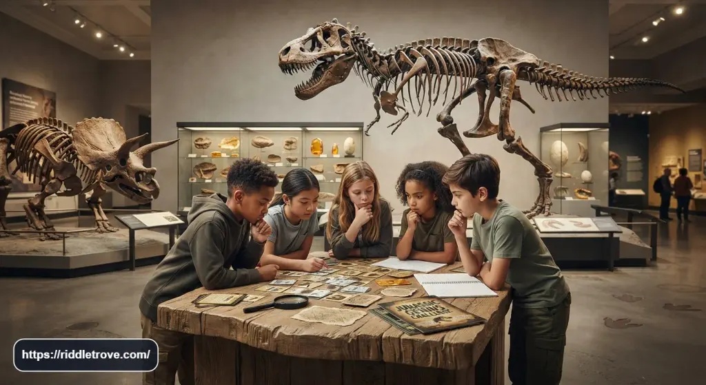 Kids tackling a challenging dinosaur riddle game surrounded by dinosaur fossils