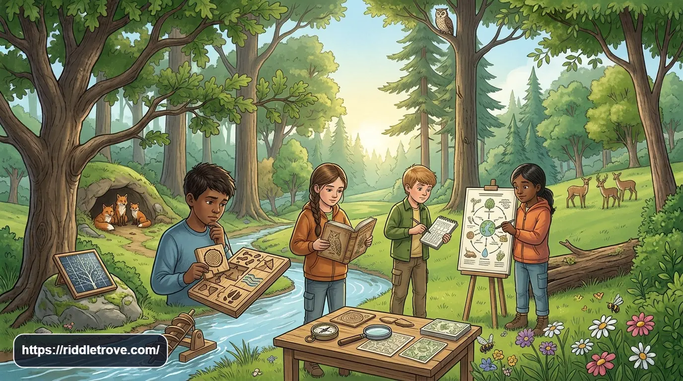 Children solving challenging environmental riddles in a landscape with forests, wildlife, water, and clean energy
