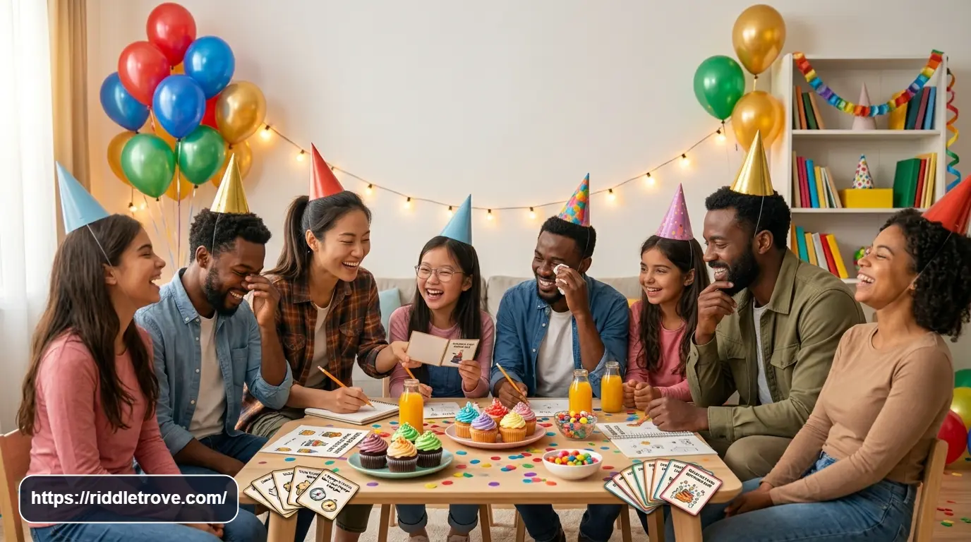 Friends competing in a final challenging riddle round at a party