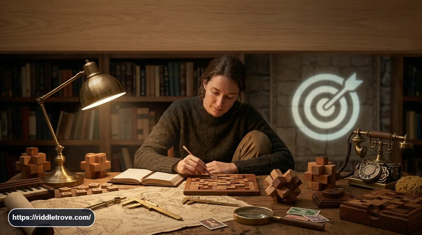 Person solving a difficult final riddle challenge surrounded by subtle puzzle clues