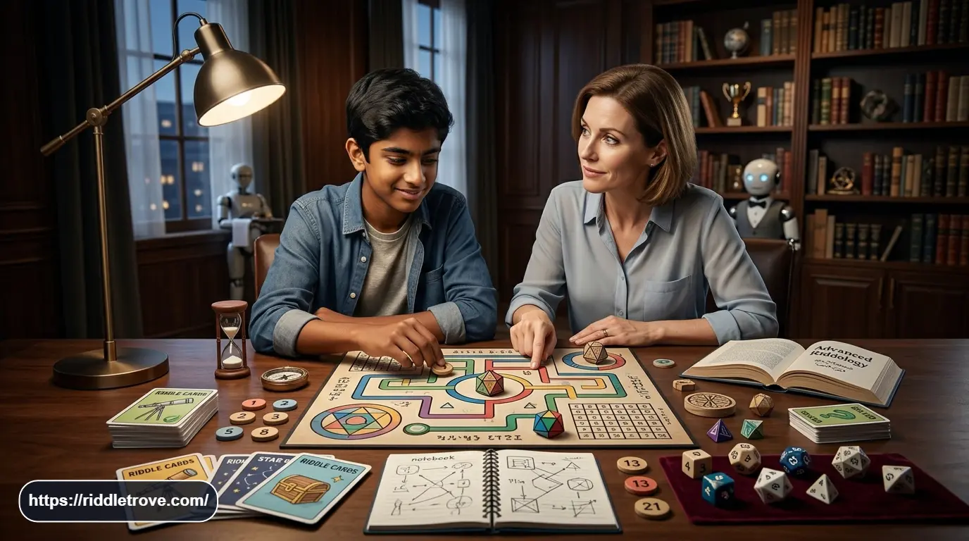 Teen and adult tackling a difficult final riddle challenge