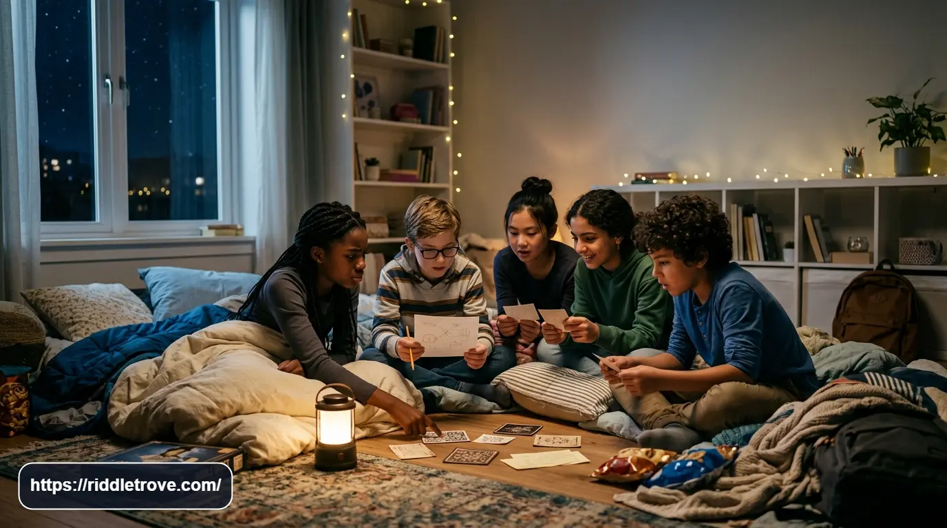 Tweens solving difficult final riddles together late at night