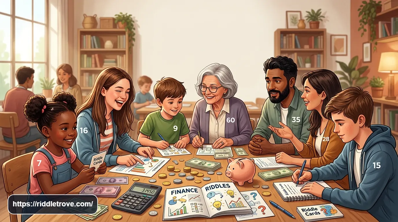 Finance riddles with answers featuring money, coins, banking, and financial puzzle clues