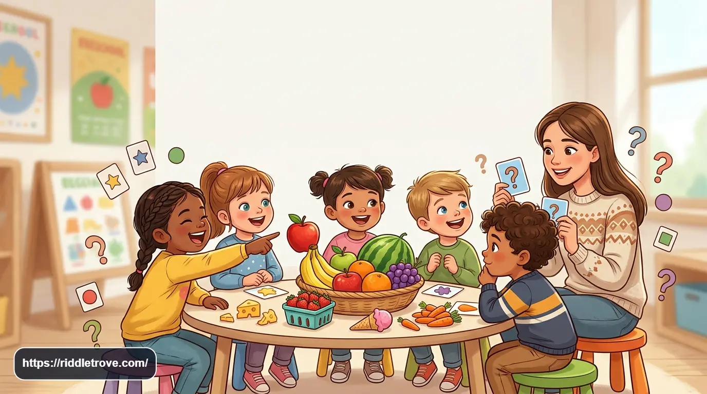 Preschool children solving fun food and fruit riddles surrounded by colorful fruits and foods