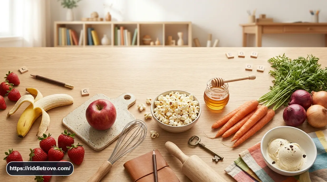 Fresh fruits vegetables and sweet foods arranged for a playful food riddle article