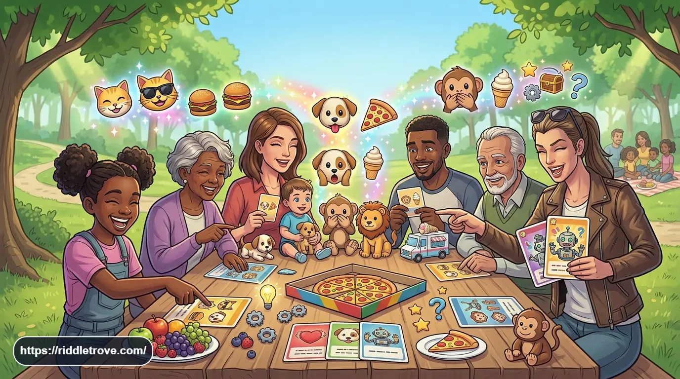 Colorful food and animal emoji riddles for families