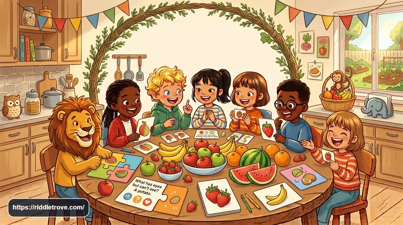Kids solving fun food and fruit riddles with colorful fruits