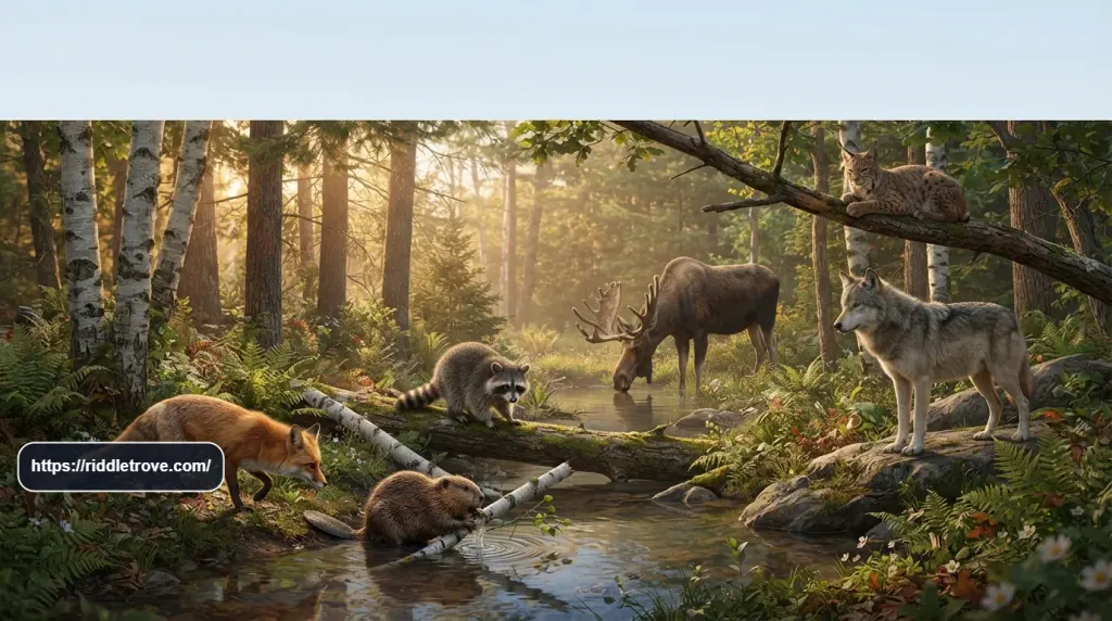 Fox wolf moose raccoon and other wild animals in a forest

