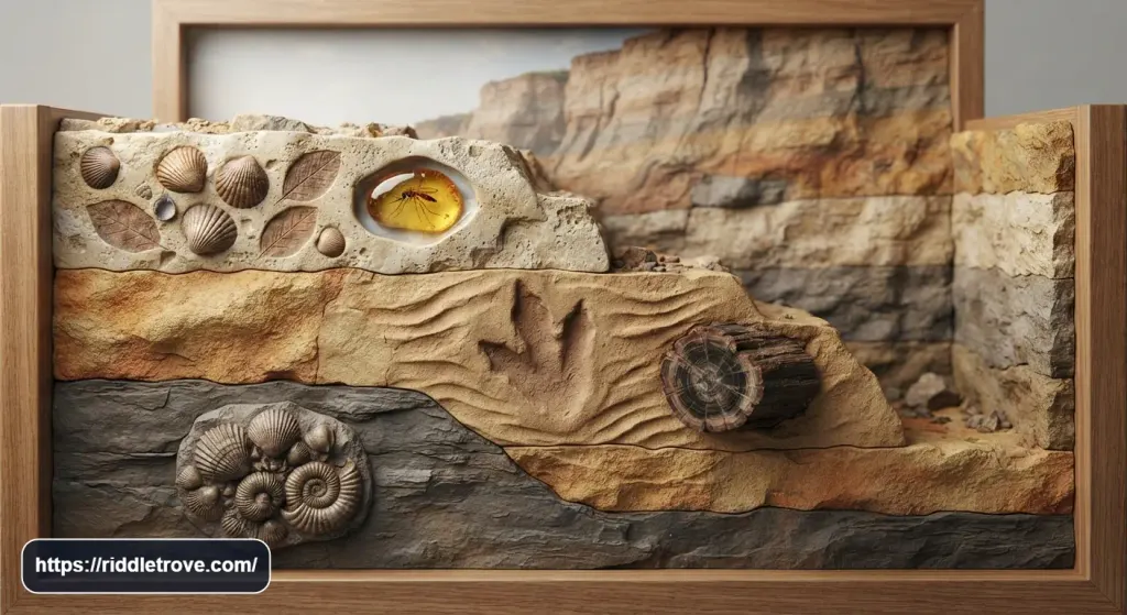 Fossils and geological time layers illustrating Earth’s ancient history