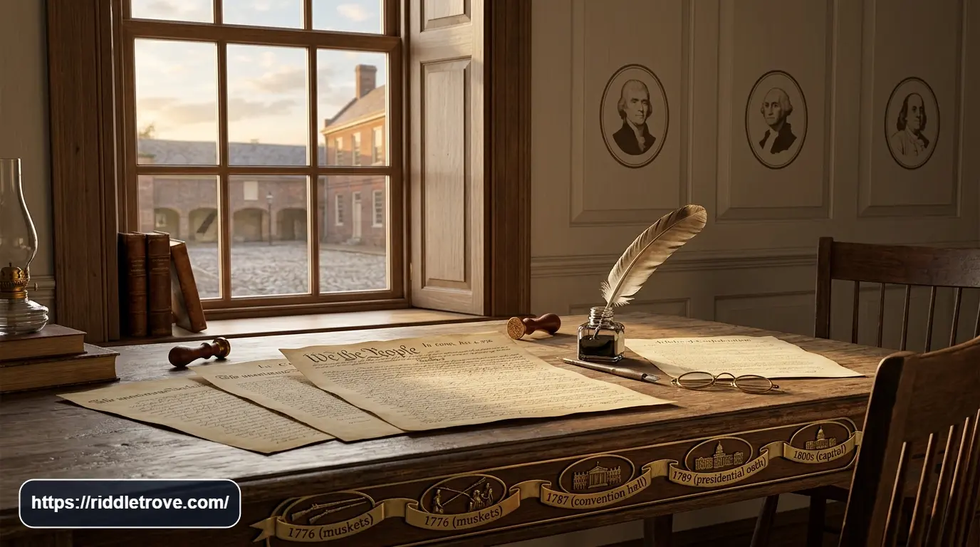 Founding era documents with quill Constitution and historic American setting