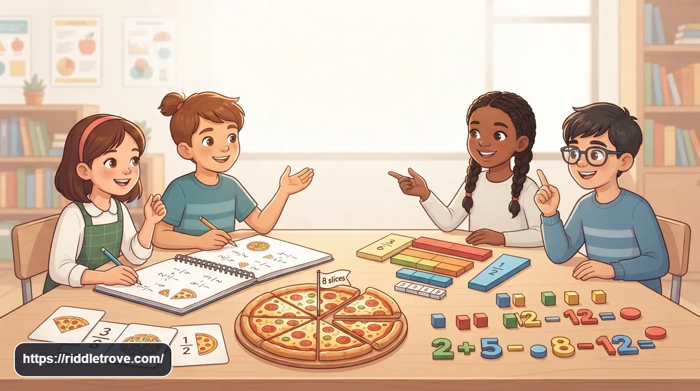 Fraction riddles with answers on colorful math cards for kids and students