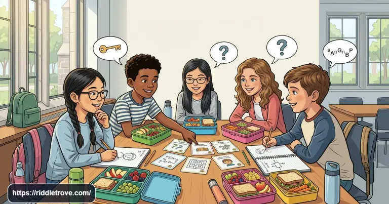 Kids solving fun lunch box riddles during a colorful school lunch