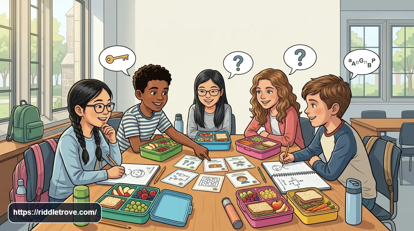 Kids solving fun lunch box riddles during a colorful school lunch