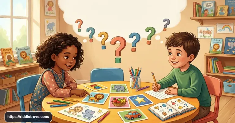 Young children solving simple riddles together with picture cards and colorful puzzles.