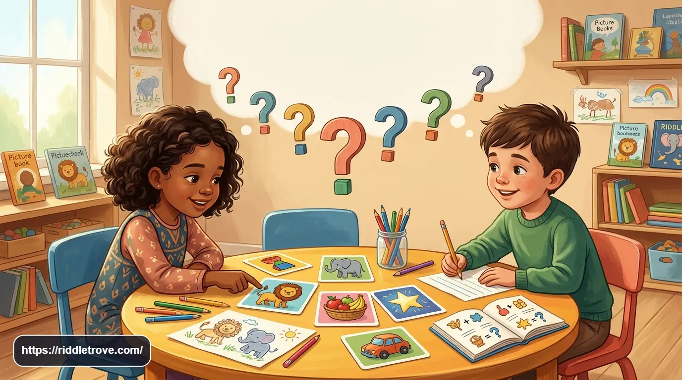 Young children solving simple riddles together with picture cards and colorful puzzles.